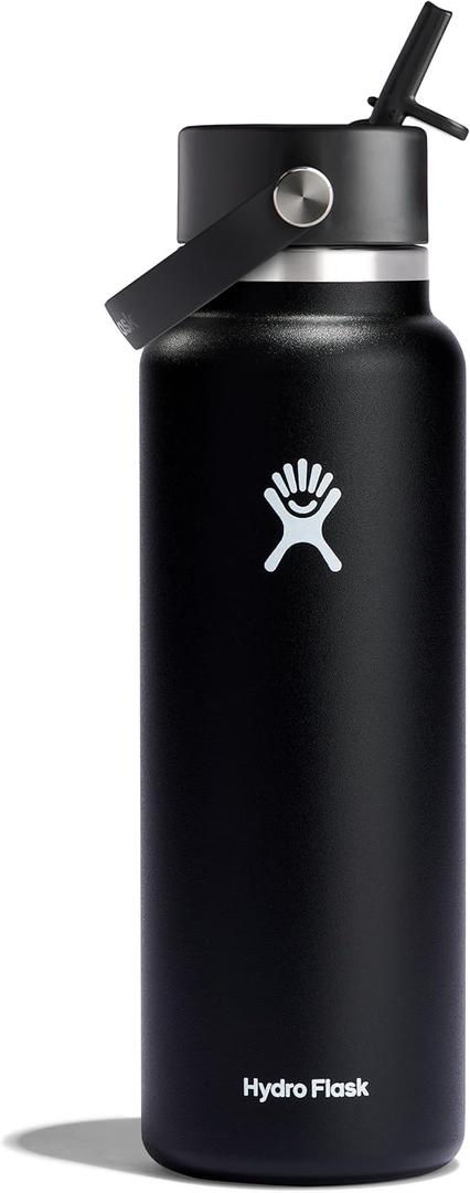 Hydro Flask Water Bottle - Insulated Stainless Steel - Wide Mouth Flex Straw Lid, Non Spill, Leakproof and Refillable in 40 Oz Black