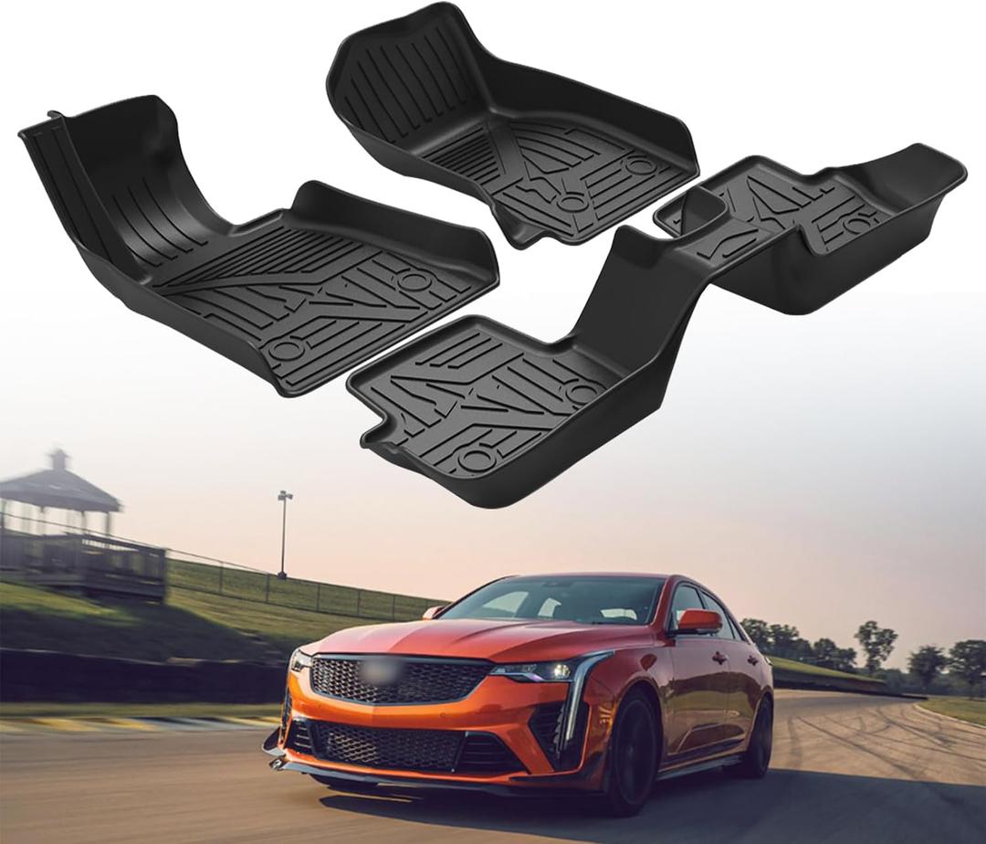 Automotive Floor Mats for Cadillac CT4 2020-2023 2024 2025, Heavy Duty TPE All Weather Protection Car Floor Mats, 1st & 2nd Row Full Set Rubber Floor Liners, Include CT4-V & CT4-V Blackwing, Black