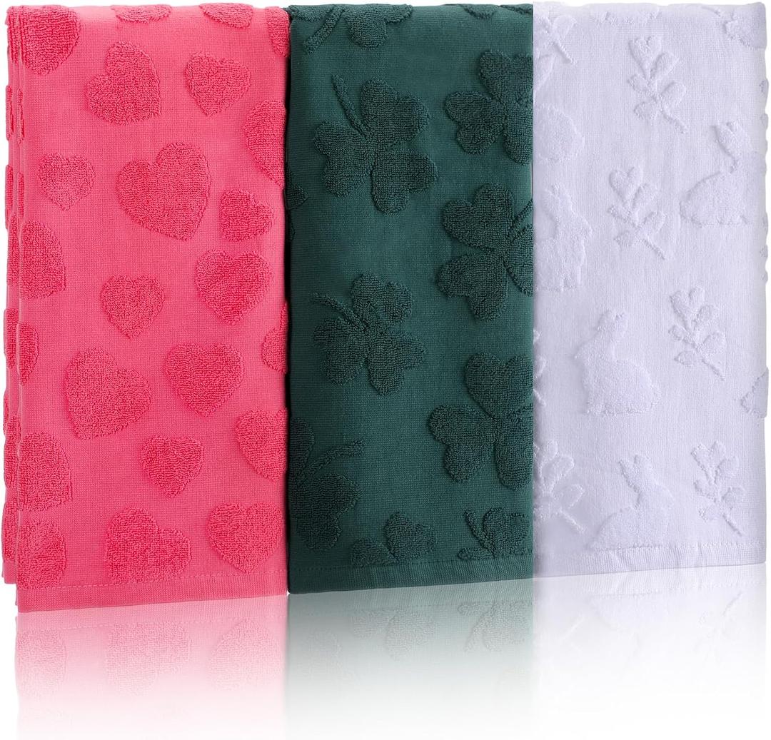 Gilprop 3 Pcs St. Patrick's Day Easter Hand Towels 3D Jacquard Shamrock Bunny Heart Bathroom Hand Towels 14'' x 29'' Cotton Seasonal Decorative Towel Set for Kitchen Home Decor, Gifts