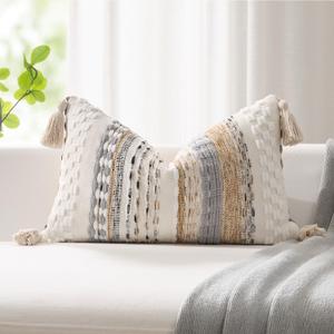 Kevin Textile Spring 12x20 Inch Lumbar Throw Pillow Cover 1 Pack Boho Decorative Soft Chenille Thread Woven Tufted Textured Rectangle Cushion Case Accent for Living Room Couch Sofa Bed, Beige