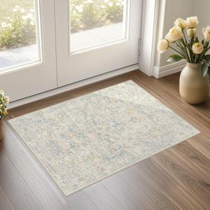 2x3 Area Rug Living Room Rugs - Washable Boho Vintage Floral Large Soft Non Slip Thin Rug Low Pile Carpet for Bedroom Dining Room Kids Playroom Office Decor Indoor- Light Blue