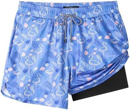 Mens Swim Trunks with Compression Liner, Men Bathing Suit Men's Swimming Trunks 5.5 inch Inseam Lavender Flamingo Board Shorts Swimwear, 4 Way Stretch Beach Shorts Quick Dry with Zipper Pockets Size XL
