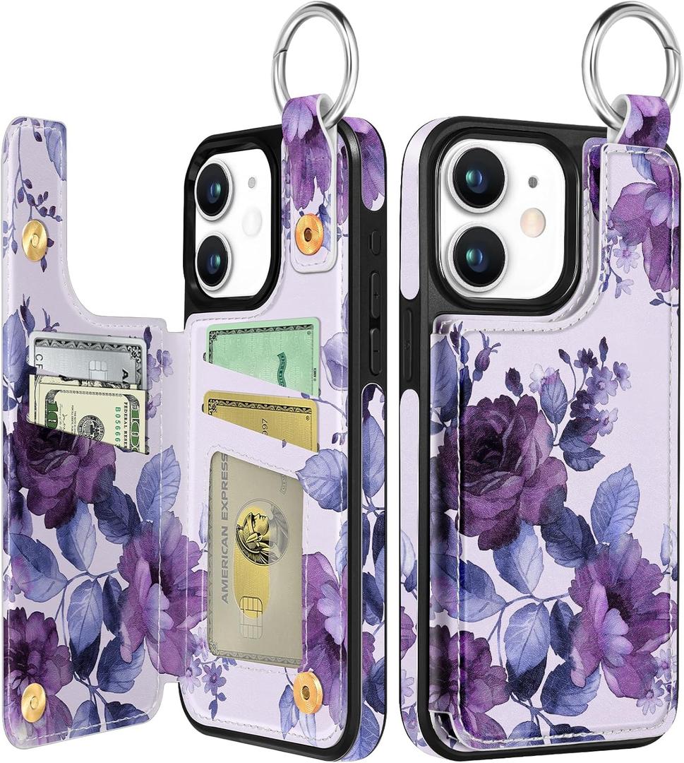 Shorogyt Compatible with iPhone 11 Wallet Case with Card Holder - Designer Purple Flower Pattern Kickstand Magnetic Clasp Back Flip Folio Leather Phone Covers for Women Men Girls