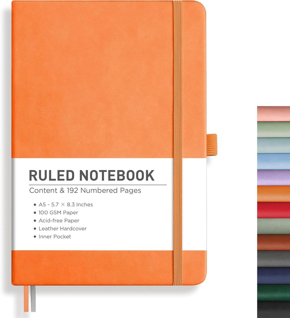 RETTACY Lined Journal Notebook, 192 Numbered Pages, A5 Medium Size (5.7'' x 8.3''), for Men & Women, Journaling, Writing, Work & Office, Leather Hardcover, 100 GSM Thick Paper (Orange)