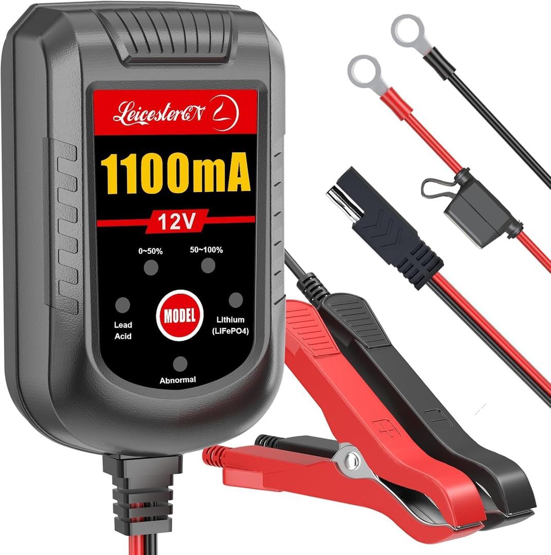 Motorcycle Battery Charger and Maintainer 12V, 1.1Amp Smart Trickle Charger - Automatic Float Charger for Cruiser Sport Bike ATV Scooter Dirt Bike Lawn Mower, LiFePO4 Lithium Lead Acid AGM Gel