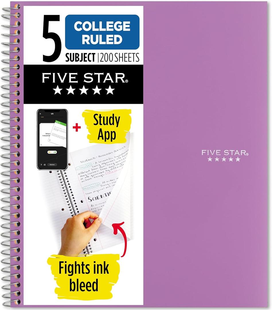 Five Star Spiral Notebook + Study App, 5 Subject, College Ruled Paper, 8-1/2" x 11", 200 Sheets, Fights Ink Bleed, Water Resistant Cover, Amethyst Purple (38748)