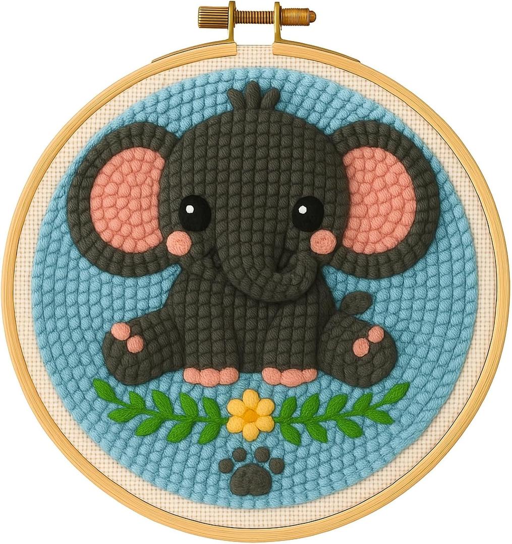 TEKWAVE Punch Needle Kit for Adults Beginners Little Elephant Design, Step-by-Step Video Pre-Printed Pattern and Written Instructions, DIY Embroidery Set with Yarn, Fabric, Hoop for Home Decor Crafts