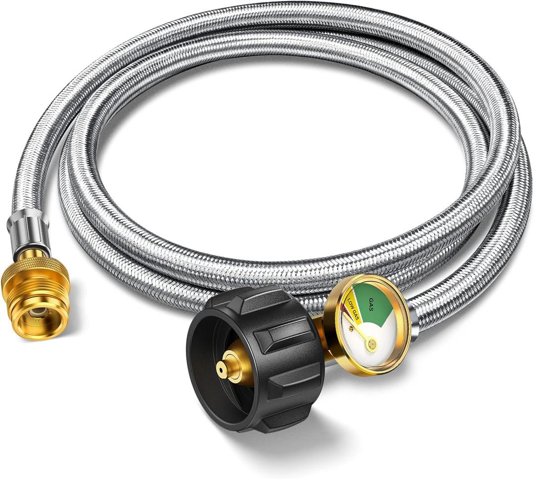 6FT Propane Hose Adapter 1lb to 20lb with Gauge, Propane Tank Adapter Hose 20 lb to 1 lb, Propane Tank Hose, Propane Grill Hose Fit for Weber Q Grill, Coleman Camping Stove, Mr Buddy Heater