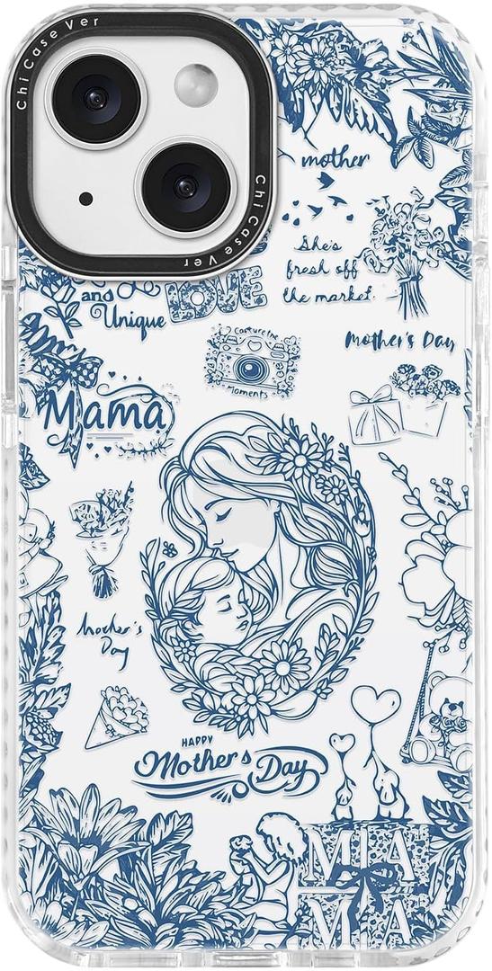 for iPhone 13 & iPhone 14 Case, Blue White Toile Mama Mother’s Day Pattern, Military-Grade Drop Protection, Elegant Vintage TPU Protective Cover with Camera Control for Women Mother's Day