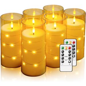 Amber Flickering Flameless Candles with Remote Timer, 6 pcs LED Battery Operated Candles with String Lights, Same Size D3 H6