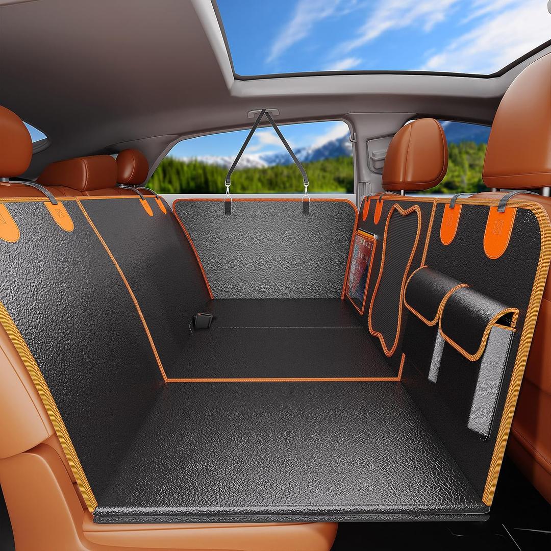 Dog Car Seat Cover for Back Seat, Upgraded PU Leather Back Seat Extender with Hard Bottom Holds 440lbs, Waterproof Anti-Scratch Pet Backseat Protector Dog Hammock for Car, SUV & Small Truck (Black)