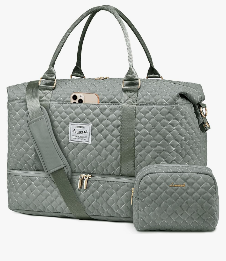 LOVEVOOK Travel Duffle Bag, Weekender Bags for Women with Shoe Compartment, Carry on Overnight Bag with Toiletry Bag, Gym Duffel Bag with Wet Pocket, Hospital Bags for Labor and Delivery, Gray Green