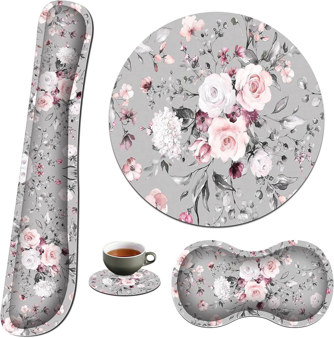 Keyboard Wrist Rest & Mouse Pad & Mouse Wrist Rest Support & Coaster, Non Slip Rubber Base Wrist Support with Ergonomic Raised Memory Foam for Computer Laptop Home Office, Pink Rose Floral
