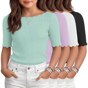 4 Pack Girl's Half Sleeve T Shirts Kids Ribbed Lettuce Trim Tops Boat Neck Fitted Summer Casual Tees, 5-16 Years (Black)