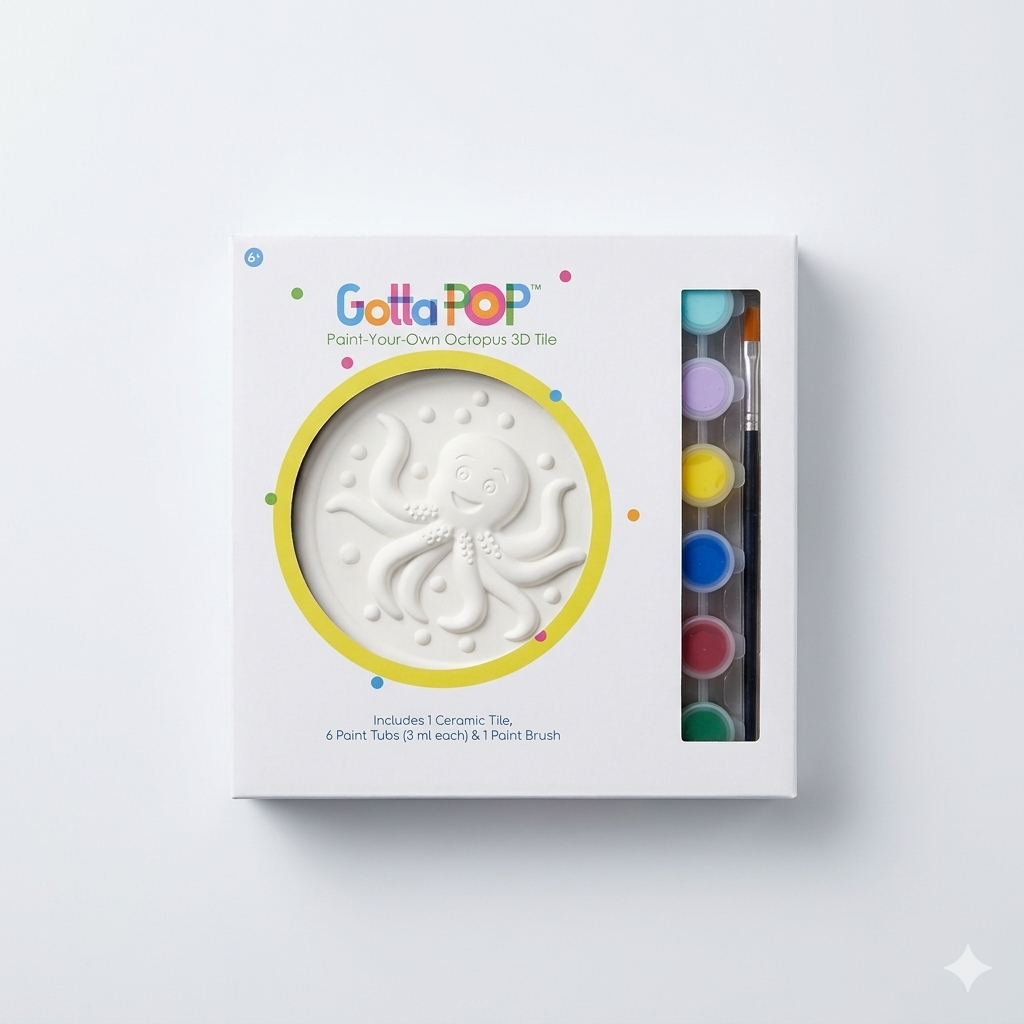 Gotta Pop Paint-Your-Own Octopus 3D Tile Includes 1 Ceramic Tile, 6 Paint Tubes 3 ml each and 1 Paint Brush