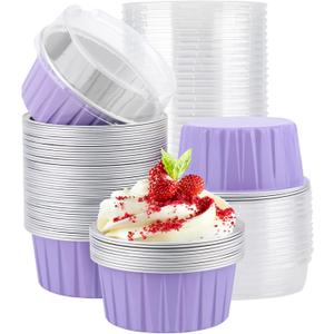 EUSOAR Aluminum Foil Baking Cups with Lids, 50pcs 5oz Creme Brulee Ramekins Disposable, Muffin Liners Cups Oven Safe Mini Cheesecake Foil Pans Dessert Containers with Lids for Party Favor Birthday (Light Purple)