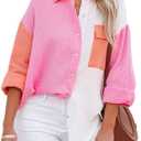 chouyatou Women's Color Block Long Sleeve Button Down Boyfriend Shirt Blouses (Large, Rose Red)