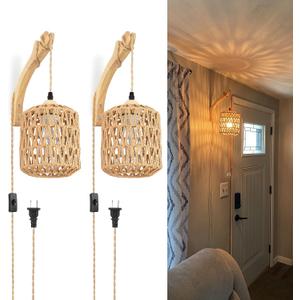 Frideko Plug in Wall Sconces Set of Two Hand Woven Lamp with Cord Rattan Lights Farmhouse Sconce Mounted Light Boho Lighting for Bedroom Living Room (Brown(2PC))