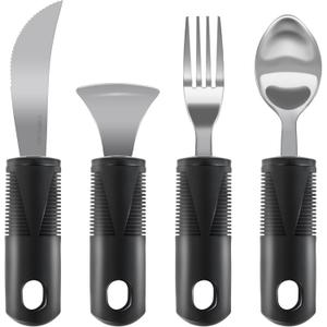 Adaptive Utensils, Weighted Utensils for Hand Tremors, Utensils for Parkinsons Patients,Elderly,Arthritis,Weak Hand Grip. Stainless Steel Knife,Fork,Spoons and Rocker Knife Set (4pcs Regular)