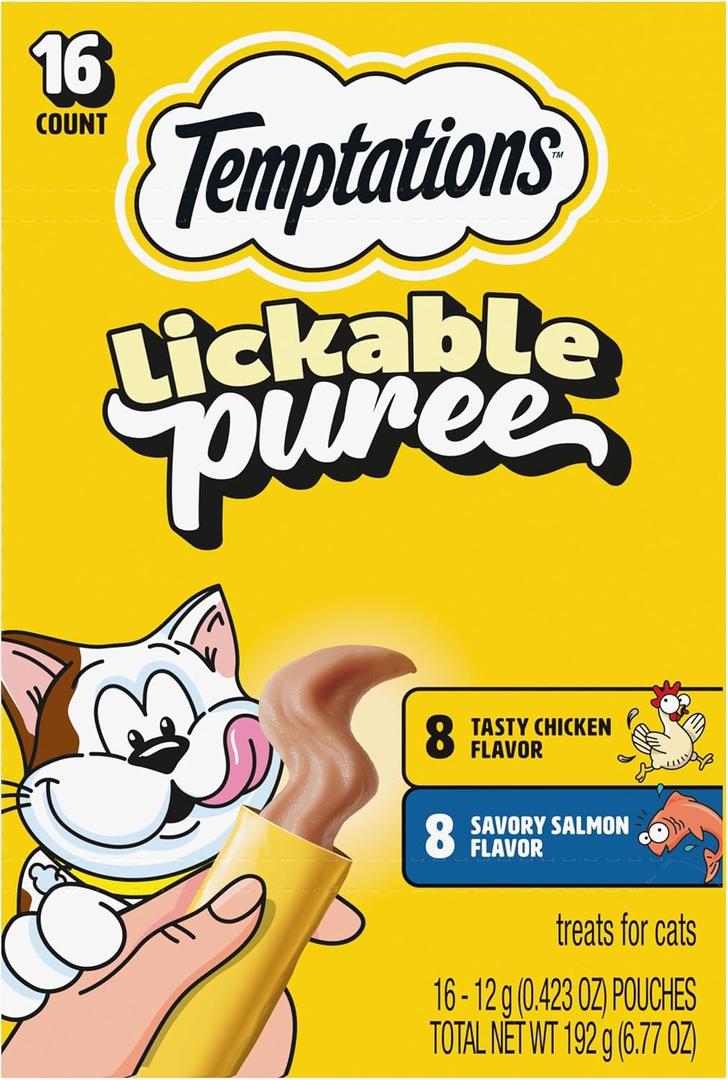 Temptations Creamy Puree Squeezable Lickable Cat Treats, Wet Cat Treats with Salmon and Chicken Variety Pack, 0.42 oz. Tubes, 16 Count (EXP 09/27/27)