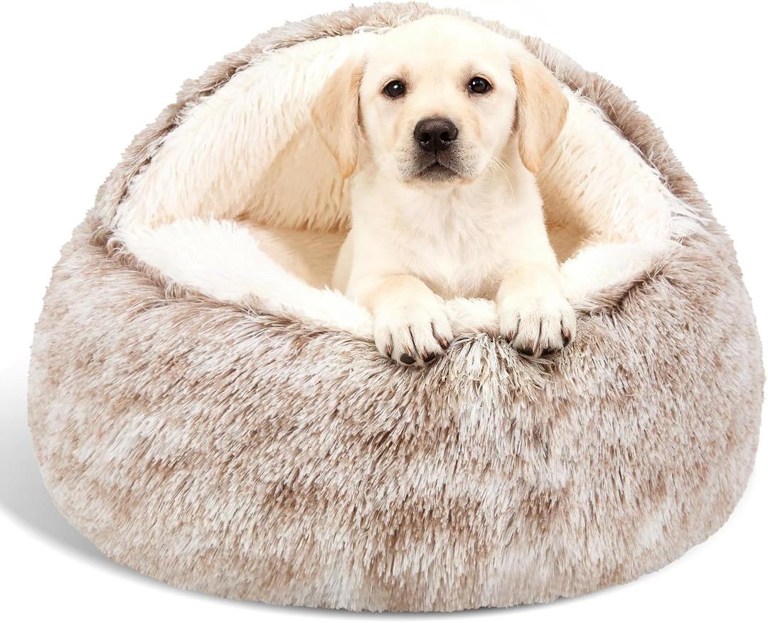 Calming Dog Beds & Cat Cave Bed with Hooded Cover, Removable Washable Round Beds for Small Medium Pets, Anti-Slip Faux Fur Fluffy Coved Bed for Improved Sleep, Fits up to 15/25 lbs(Medium,24"x24") (Coffee)