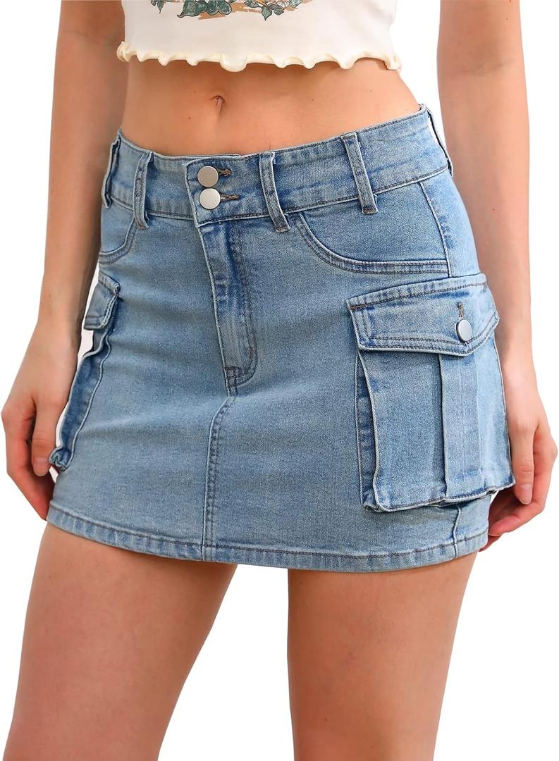 Low Waist Cargo Skirt Women Button Mini Cargo Denim Skirt with Pocket Mini Skirt (Small, Jenny Blue)