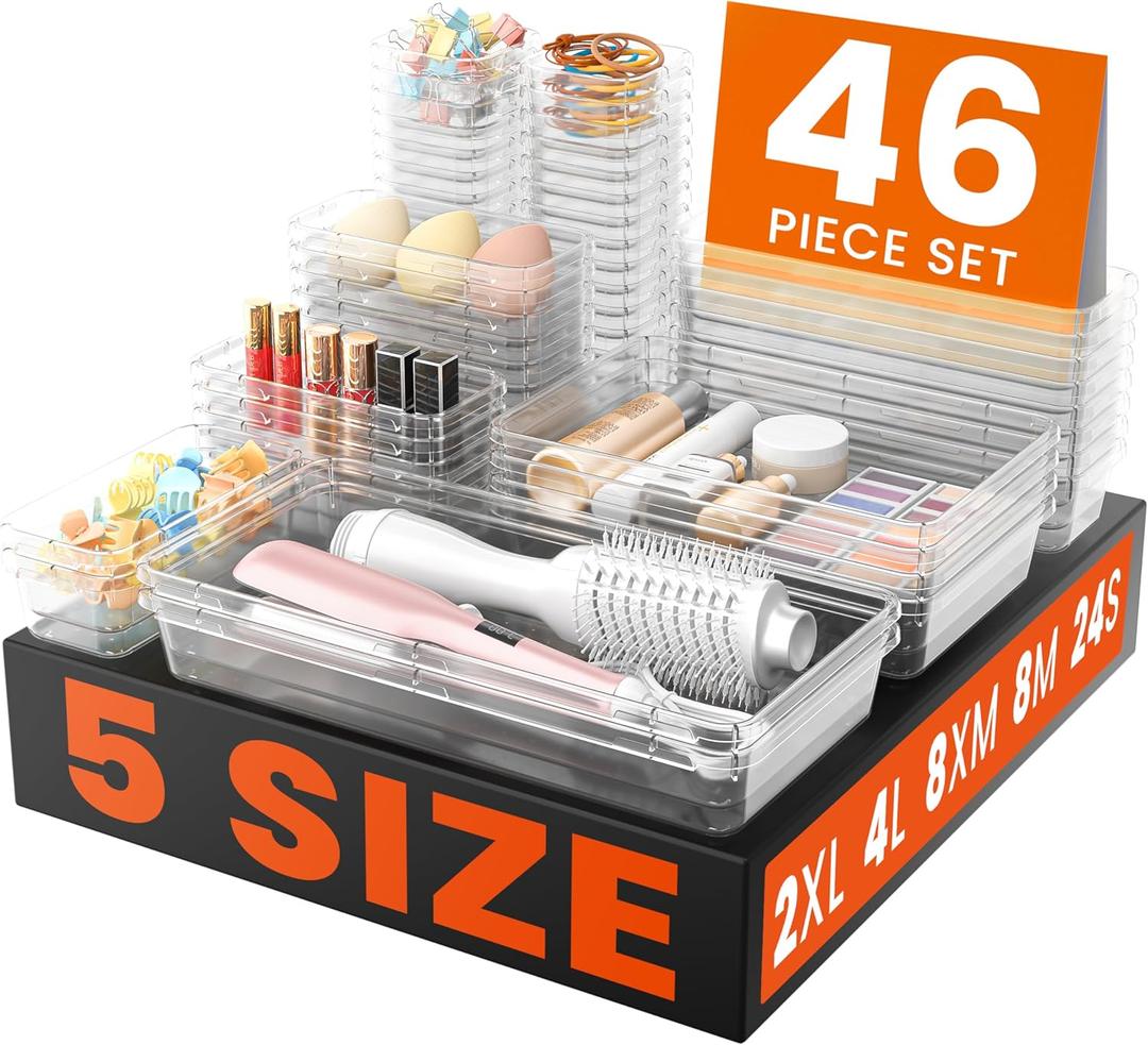 A-LuGei 46PCS & 5Sizes Clear Drawer Organizer,Hold 277 Items Makeup Organizer, Bathroom Organizers and Storage, Organization and Storage, Organizer Bins for Office Vanity Kitchen Tool Trays