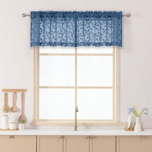 Chyhomenyc Dusty Blue Sheer Valances for Windows 14 Inch Length 2 Pcs, Light Filtering Leaf Textured Cafe Short Kitchen Curtains, Top Small Curtain for Living Room Bedroom Basement, 42" W x 14" L