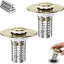 Bathroom Sink Drain Strainer(2PCS), Stainless Steel Pop-up Strainer Basket Hair Catcher with Removable Basket, Brass Bullet Core, Universal Fit 1.1-2.36 Inch Brushed Gold