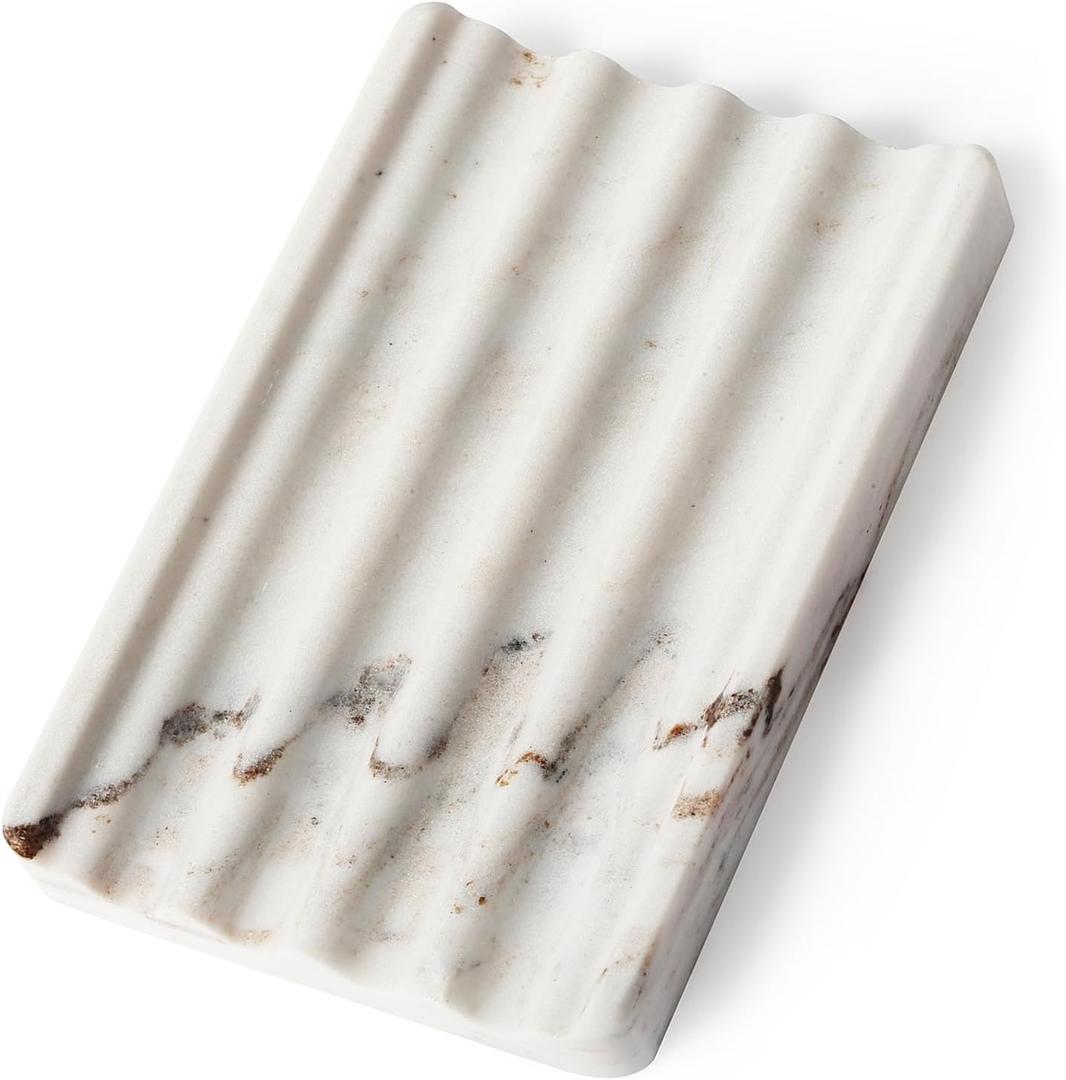 Koville Natural Marble Soap Dish for Shower, Stone Soap Tray for Bathroom, Bar Soap Holder for Sink, Stripe Grooves Soap Saver Stone Soap Dish Keep Soap Bars Dry Easy Clean(Palissandro Classico)