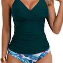B2prity Women's Ruched Tankini Swimsuits V Neck Wrap Tie Back Two Pieces Bathing Suit Tummy Control Swimwear (Large, Peacock Green)