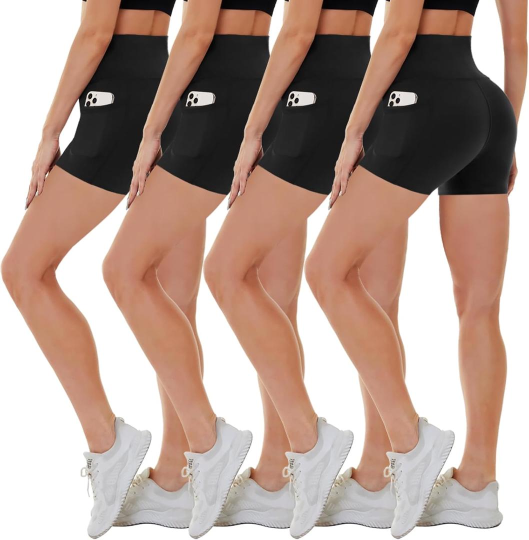 CAMPSNAIL 4 Pack Biker Shorts Women with Pockets  5"/8" High Waist Tummy Control Workout Gym Yoga Running Compression Shorts (Large-X-Large)