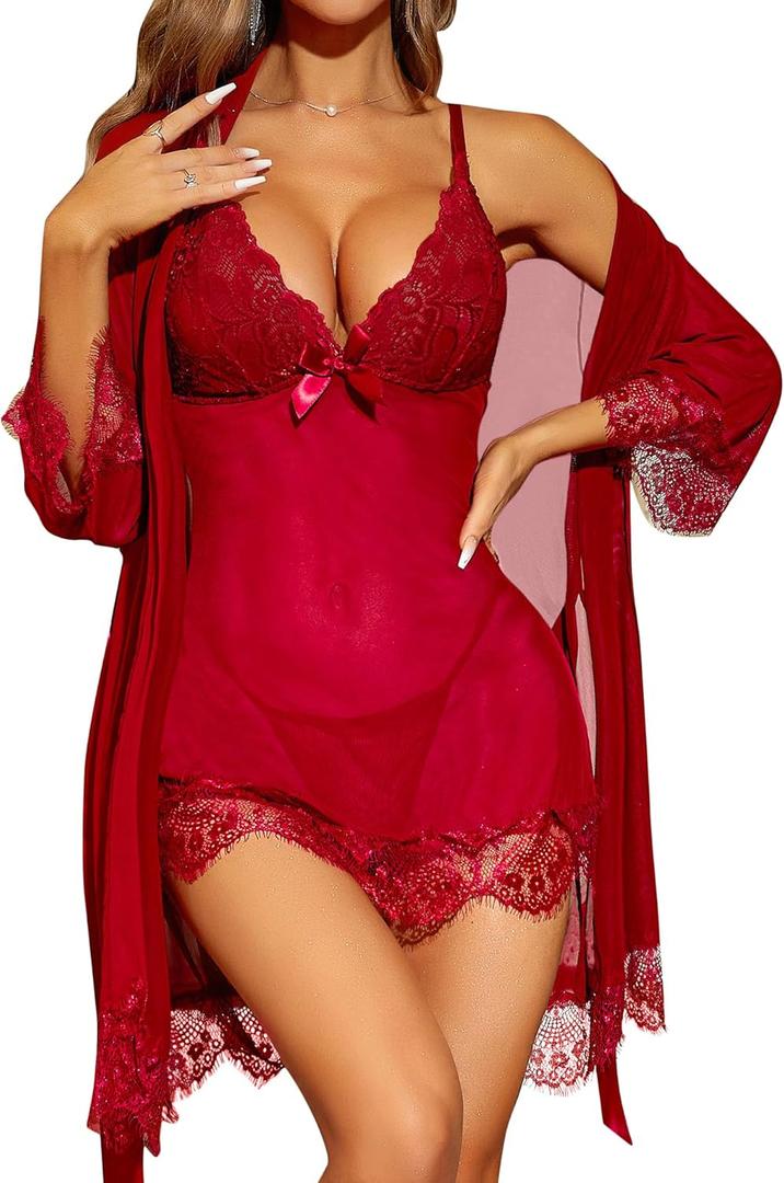 RSLOVE Women Sexy Lingerie Set 3 Piece Babydoll & Lace Kimono Robe Strap Chemise Sleepwear Mesh Nightgown (Large, Wine Red)