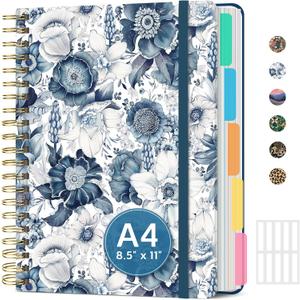 Large Spiral Notebook with Dividers & Tabs, 8.5" x 11" Hardcover 5 Subject Notebook for Work, 280 Pages, College Ruled, Cute Journal for Women, Perfect for Study & Office Note Taking, Blue Floral