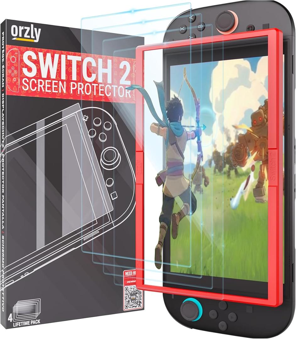 Orzly Glass Screen Protector for Nintendo Switch 2 Console 2025 Screen Size 7.9 inch 4 Pack. No Bubbles Easy Installation Anti Scratch Edition
