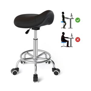 YEEZEE Saddle Stool Ergonomic- Comfortable Rolling Saddle Stool with Wide Thick Saddle Seat Padding, Swivel Adjustable Saddle Chair with Wheels and Ring Pedal for Medical Massage Salon (Dark Black)