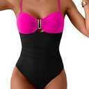 Eomenie One Piece Swimsuit for Women Tummy Control Ruched Bathing Suit Cutout U Wire Swim Suits Hot Pink Black, Size L