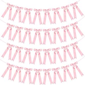 Tegeme 4 String of 32 Pcs Pink Bow Garland Banner Decoration, Preassembled Satin Ribbon Bow Party Decorations for Birthday Valentine's Day Bridal Shower Wedding Baby Shower Engagement Bows Party