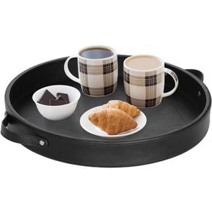 HofferRuffer PU Leather Round Serving Tray with Handles, Decorative Catchall Vanity Coffee Tray, Faux Leather Ottoman Tray for Home Or Office, Diameter 14.6-inch (Black)