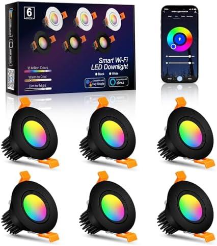 Smart WiFi 2 Inch Black LED Downlight, 5W 120V RGBCW Recessed Light, Dimmable COB 2700K-5000K, Compatible with Alexa/Google, LED Can Lights with Driver, 6 Pack