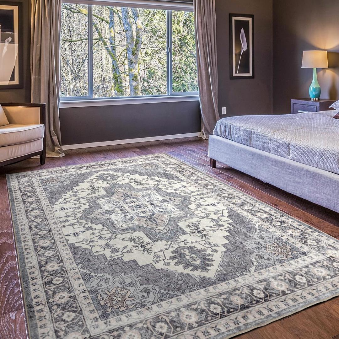 Area Rug 810, Large Vintage Boho Rug,Ultra-Soft Low Pile, Washable, Non Slip,Stain Resistant, Carpet for Living Room Bedrooms Playroom Office Kitchen, Grey/Cream