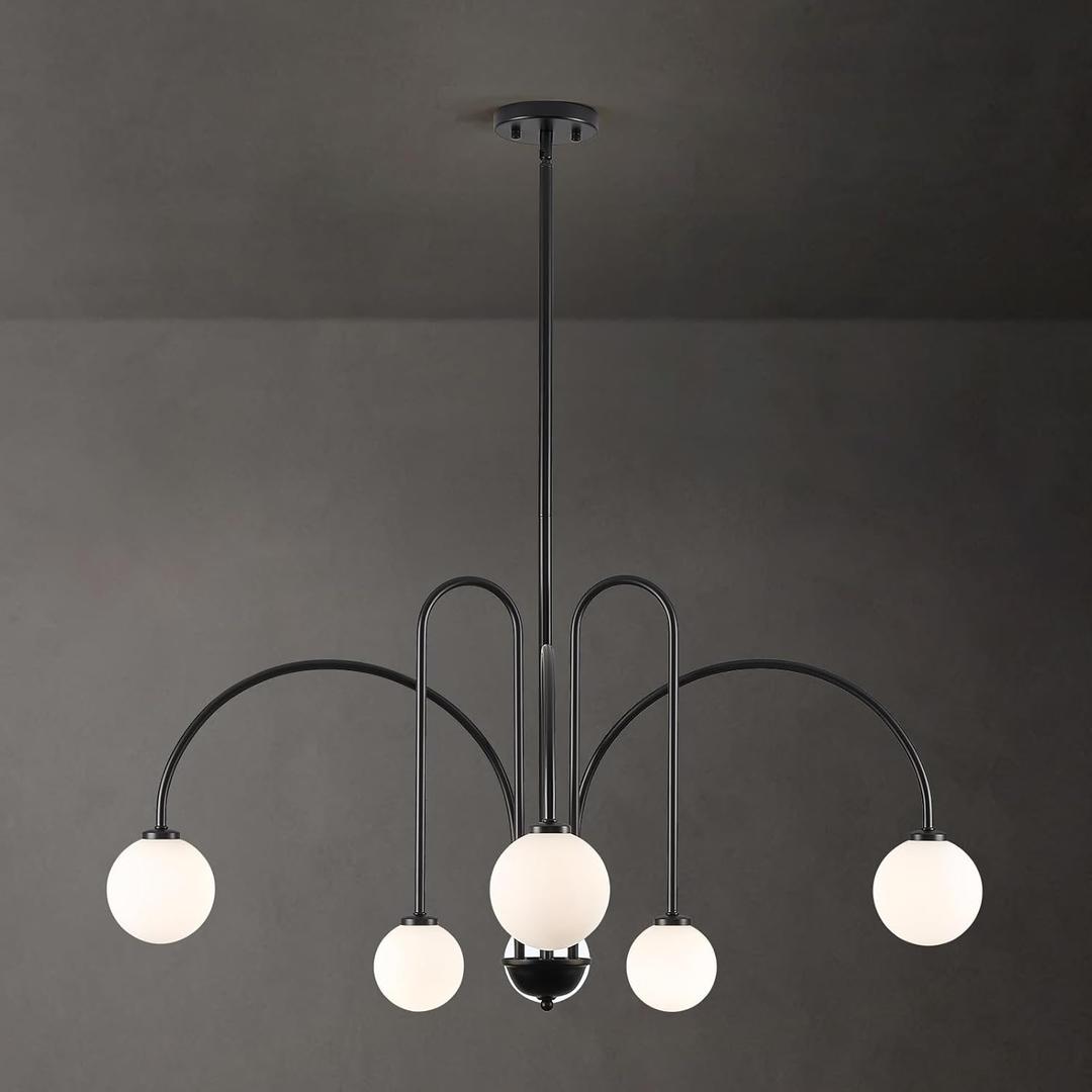 Modern Sputnik Globe Chandelier, 6-Light Black Linear Chandeliers for Dining Room and Kitchen Island, Mid Century Light Fixture Over Table, (Milk White Glass Bubble Shades, 40 Inch)