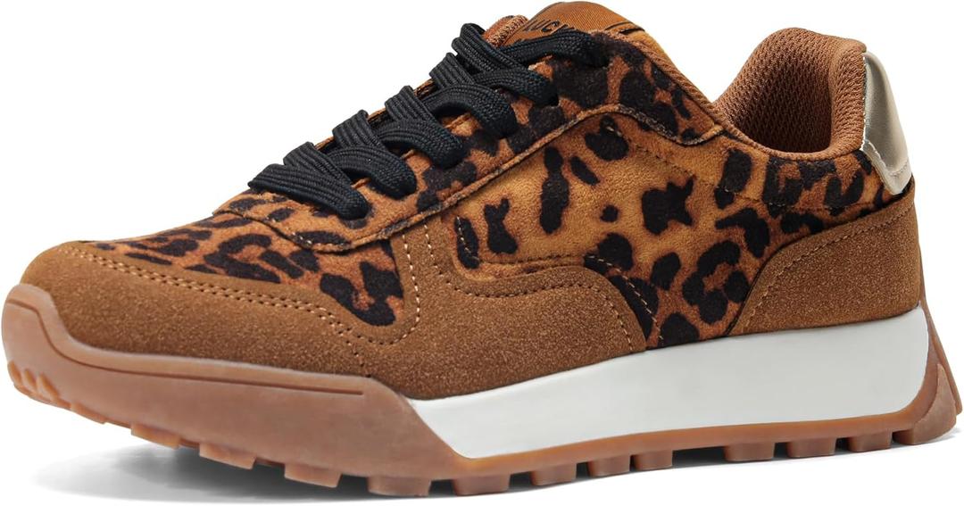LUCKY STEP Women's Platform Canvas Sneaker Casual Lace-up Stylish Tennis Running Retro Classic Trainers Walking Fashion Sneakers, Size 7, Brown Leopard