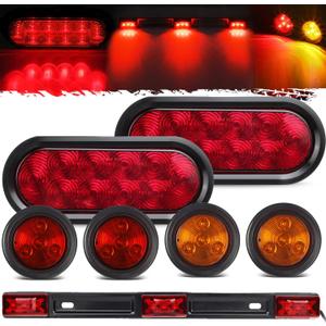 Partsam 12v LED Truck Trailer Light Kit Waterproof, 2x 6" Oval Red Stop Turn Tail Brake Lights+14.17" Red 3 Light 9 LED Stainless Steel ID Light Bar+(2xRed+2xAmber) 2" Round 4 LED Side Marker Lamps