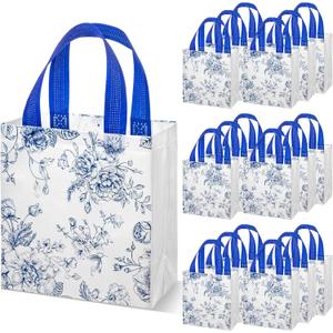Sweetude 16 Pcs Bridesmaid Gift Bags Blue White Floral Gift Bags with Handle Flower Party Favor Non-woven Reusable Tote for Wedding Birthday Baby Shower Engagement DIY Shopping