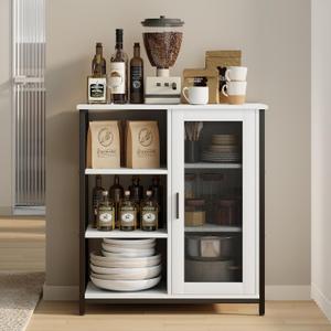 Coffee Bar Cabinet with Adjustable Shelves and Door, Rustic White, 27.5"L