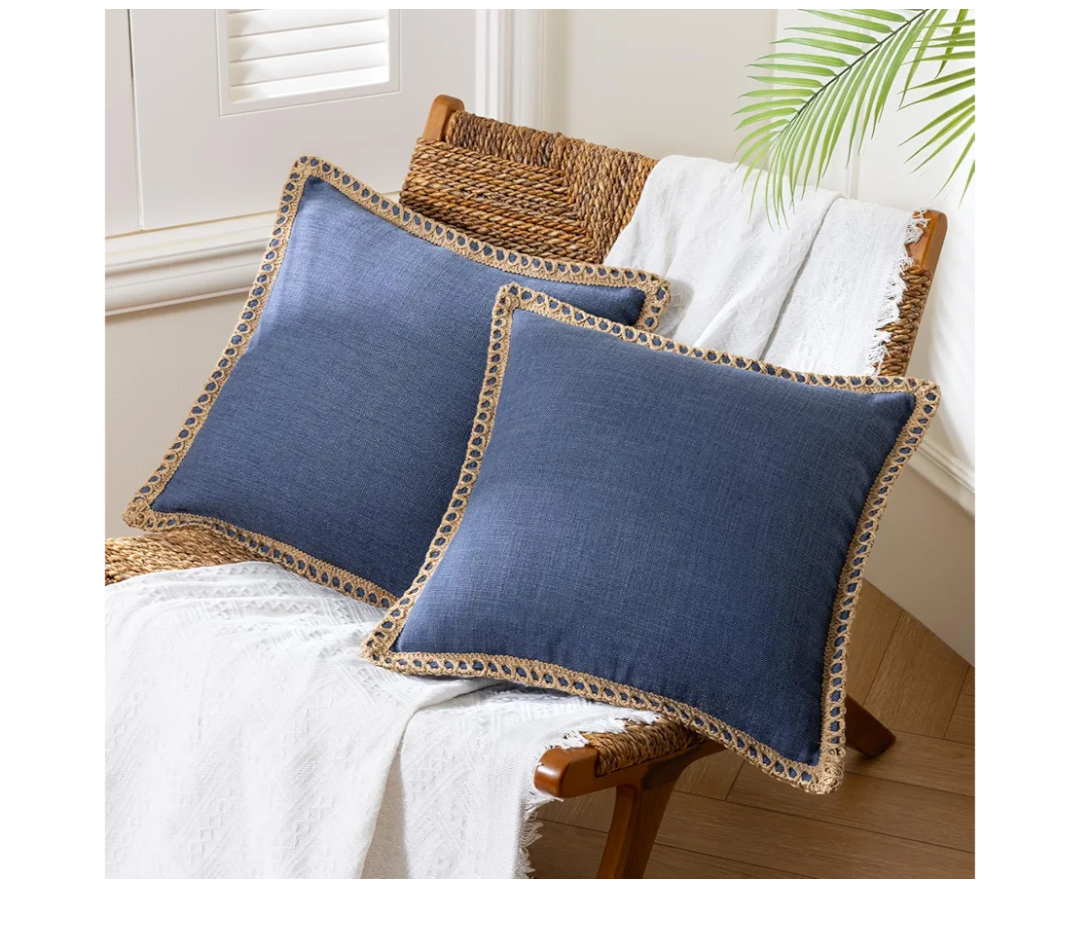Pack of 2 Farmhouse Decorative Solid Throw Decorative Pillow Cover Burlap Linen Trimmed Tailored Edges Navy Blue 18 x 18 inches, 45 x 45 cm