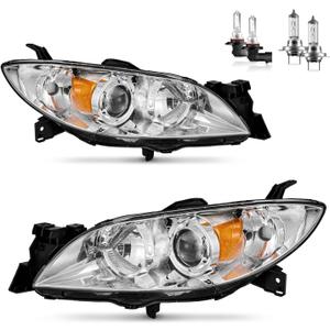 Headlights Assembly for 2004-2009 Mazda 3 Sedan Halogen Headlamp Replacement, High/Low Beam W/Bulbs, Driver&Passenger Side