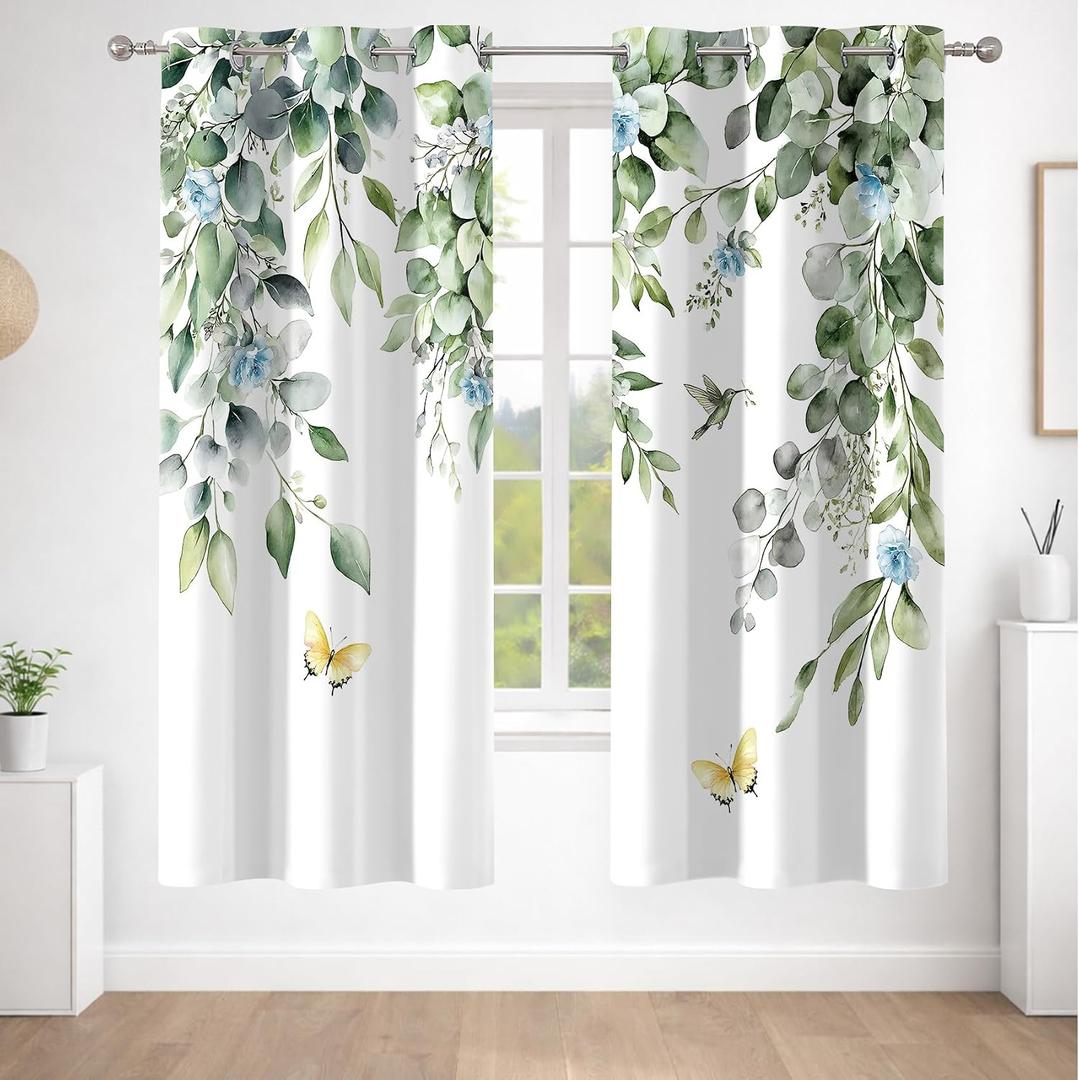 2 Panels Sage Green Eucalyptus Blackout Curtains for Bedroom, Green Leaf and Teal Floral Butterfly Pattern Drapes for Living Room Apartment Dorm Decor Window Curtains, 42W X 63L inches