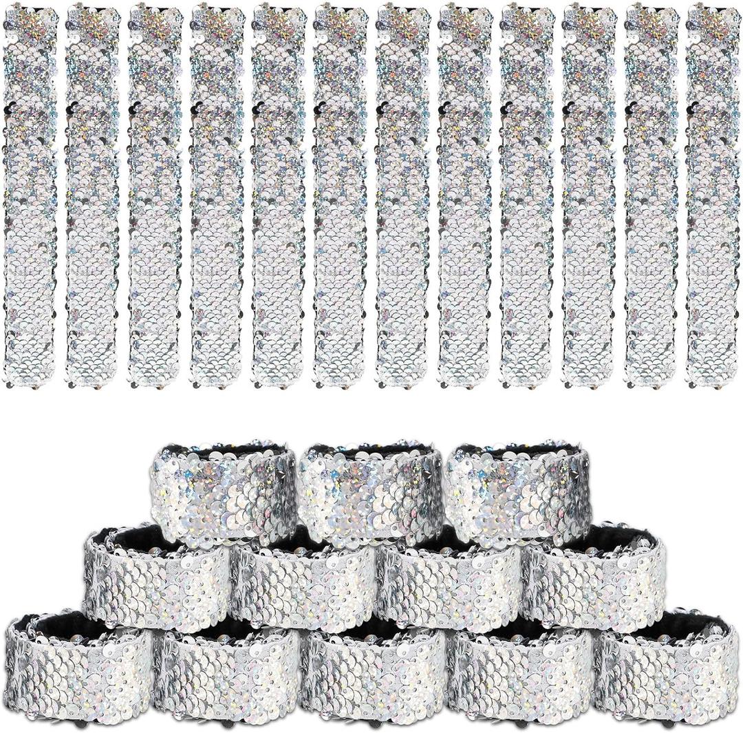 Justforjoyful 24Pcs Disco Party Decorations Slap Bracelets Silver Sequin Slap Bracelets Glitter Flip Wristband 70s and 80s Last Disco Bachelorette Sequins Laser Wristband Party Favors Supplies Decor